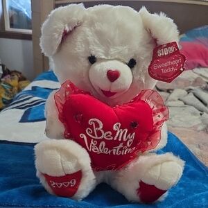 White Teddy Bear Holding Red "Be My Valentine" Heart